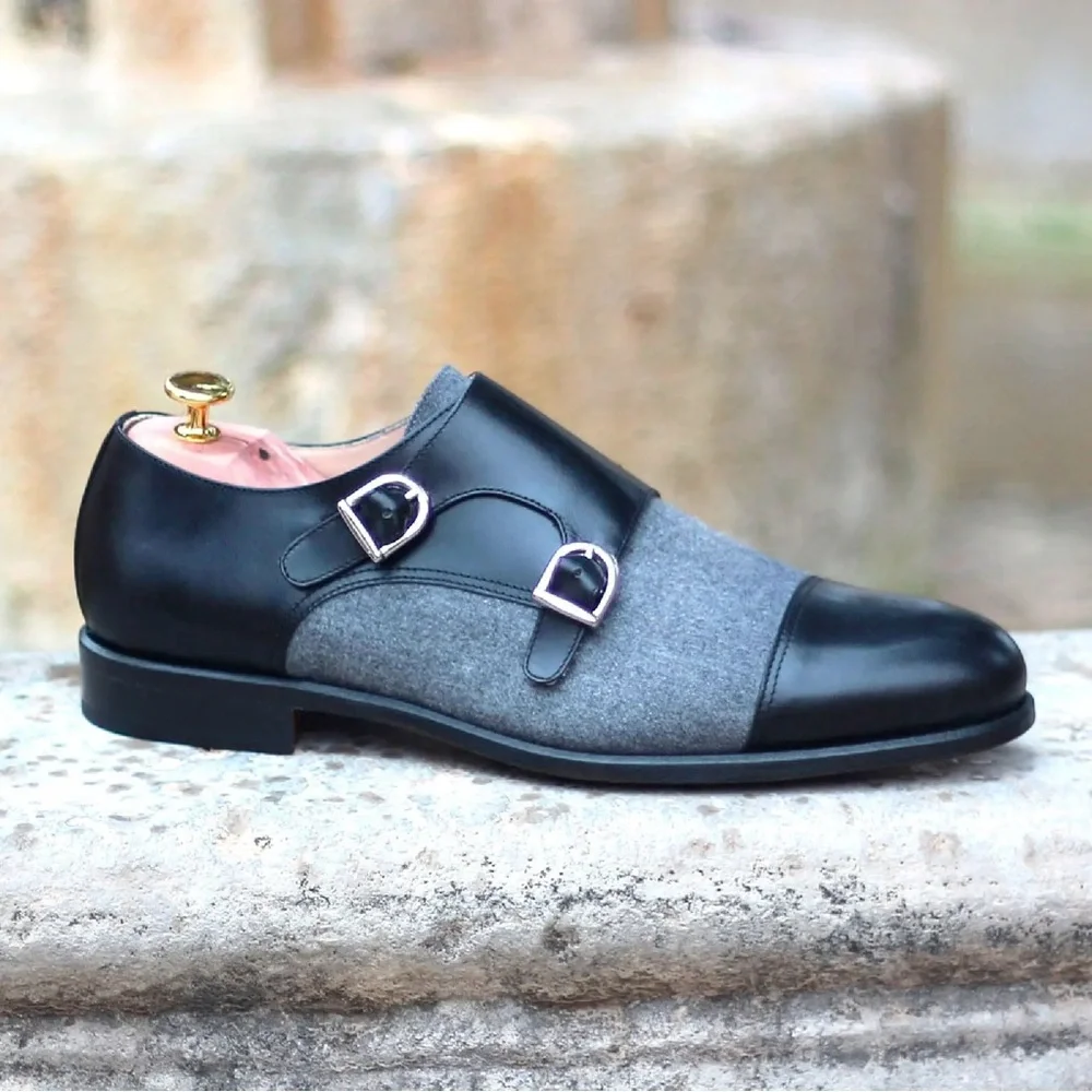 Taft Men’s Double Monk Strap Shoes in Italian Leather and Grey Flannel